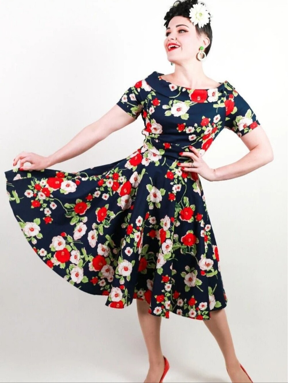 Dolly & Dotty DARLENE swing Dress In Navy And Poppies
